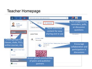 Teacher Homepage
Post assignments,
reminders, polls,
or discussion
questions
Post assignments,
reminders, polls,
or discussion
questions
Encourage
collaboration and
participation in
discussions
Encourage
collaboration and
participation in
discussions
Access global communities
of peers and publisher
partners
Create groups for
classes, clubs, PLCs,
online courses, etc.
Store unlimited
content for easy
sharing and re-use
Store unlimited
content for easy
sharing and re-use
 