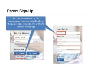 To create an account, go to
edmodo.com (on a computer) and use
the parent code located on your child’s
Edmodo homepage
Parent Sign-Up
 