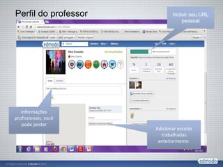 Perfil do professor           Incluir seu URL
                                  pessoal




   Informações
profissionais, você
   pode postar
                      Adicionar escolas
                        trabalhadas
                       anteriormente.
 