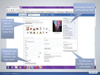 Personalize e-mail ou
                  notificação de texto



 Envie uma
  foto ou
 selecionar
um ícone da
 nossa lista




 Selecione sua
  escola e se
 conectar com
  seus pares
                     Escolha suas
                   configurações de
                     privacidade
 