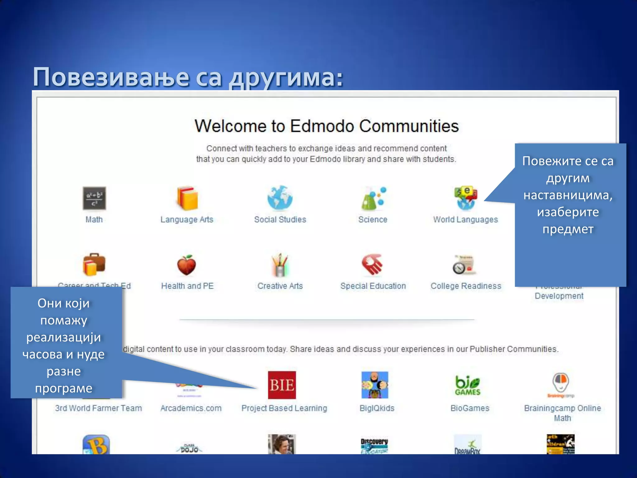 Повежите се са
                    другим
                наставницима,
                  изаберите
                   предмет




   Они који
   помажу
 реализацији
часова и нуде
    разне
  програме
 