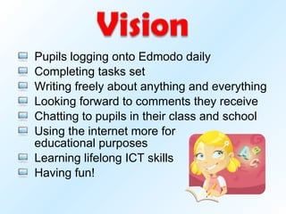 Pupils logging onto Edmodo daily Completing tasks set Writing freely about anything and everything Looking forward to comments they receive Chatting to pupils in their class and school Using the internet more for  educational purposes Learning lifelong ICT skills Having fun! 