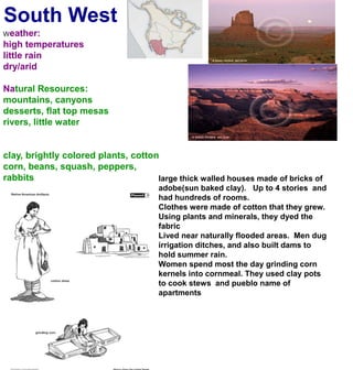 South WestWeather:high temperatureslittle rain dry/aridNatural Resources:mountains, canyonsdesserts, flat top mesasrivers, little waterclay, brightly colored plants, cottoncorn, beans, squash, peppers, rabbitslarge thick walled houses made of bricks of adobe(sun baked clay).   Up to 4 stories  and had hundreds of rooms. Clothes were made of cotton that they grew. Using plants and minerals, they dyed the fabricLived near naturally flooded areas.  Men dug irrigation ditches, and also built dams to hold summer rain. Women spend most the day grinding corn kernels into cornmeal. They used clay pots to cook stews  and pueblo name of apartments