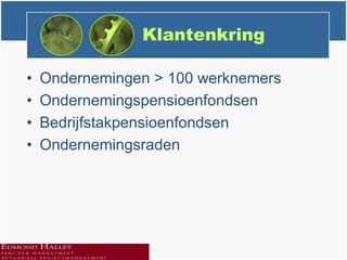Klantenkring

•   Ondernemingen > 100 werknemers
•   Ondernemingspensioenfondsen
•   Bedrijfstakpensioenfondsen
•   Ondernemingsraden
 