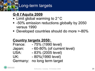 Long-term targets <ul><li>G-8 l’Aquila 2009 </li></ul><ul><li>Limit global warming to 2 ° C </li></ul><ul><li>-50% emissio...