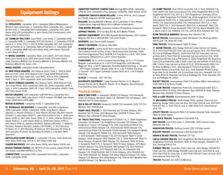 6 More itemsaddeddaily!Edmonton, AB | April 25–28, 2017 (Tue–Fri)
43- DUMP TRUCKS: Ford LT9513 Louisville T/A, 3- Ford LNT8000 T/A,
Ford L8000 T/A, Ford Conventional T/A, 2010 Freightliner M2112 T/A,
Freightliner M2112 T/A, 2012 & 2- 2011 Freightliner Coronado SD122
T/A, 3- 2008 Freightliner FLD120SD T/A, 2008 Freightliner FLD120 T/A,
International 9400I T/A, 4- International F4954 T/A, 2- International
F4900 T/A, International 4900 T/A, International 2554 T/A, 5- Ken-
worth T800 T/A, 2- 2012 Kenworth T800 T/A, 4- Kenworth T800 T/A,
Kenworth T800 Tri Drive, Kenworth T300 T/A T/A, Mack RD688S T/A,
2- Mack CH613 T/A, Peterbilt 379 T/A, 2015 & 2014 Peterbilt 367 T/A.
PLOW TRUCKS & SANDERS: Western Star 5864SS T/A.
WATER TRUCKS: International 7400 100 Barrel T/A, Sterling L9500
16010 Litre T/A, Volvo ACL 6x6.
TANK TRUCKS: 2008 Kenworth T800 Tri Drive.
17- BOOM TRUCKS: 2014 Dodge 5500 SLT Crew Cab 4x4 w/Copma
78.4, 2015 Ford F550 XLT Crew Cab 4x4 w/Copma 78.4, 2011 Ford F550
XLT 4x4 w/Palfinger PK6501, 2009 Ford F550 XLT Extended Cab 4x4
w/Hiab 060-3, Ford F550 XLT Extended Cab 4x4 w/Ferrari 550, 2009
Freightliner M2106 S/A w/PM Series 6, 2008 Freightliner M2 Business
Class S/A w/Hiab 650, GMC C5500 Crew Cab 4x4 w/Hiab 077BS-3CLX,
GMC C5500 Crew Cab 4x4 w/Hiab 077CLX, 2010 Kenworth T800 T/A
Tri Drive w/Weldco 3575, 2010 Kenworth T370 S/A w/Heila, 2015
Peterbilt PB348 S/A w/Hiab 144E-4CL, 2014 Peterbilt PB348 S/A w/
Hiab 144E-4CLX, Peterbilt 335 S/A w/Hiab 144E-4CL, Peterbilt 335 T/A
w/Terex BT3470, Peterbilt 330 S/A w/Palfinger PK 11502, Peterbilt 330
S/A w/Palfinger PK 12000.
BUCKET TRUCKS: International 7500 T/A w/Altec AM55, International
4300 SBA S/A w/Terex TL44M.
VACUUM TRUCKS: Freightliner FL80 S/A, International 4300 S/A, 2-
Kenworth T800 Tri Drive, 2014 Western Star 4900SA Tri Drive Sleeper,
Western Star 4900SA Tri Drive Sleeper.
FUEL & LUBE TRUCKS: 2008 Kenworth T800 Tri Drive.
11- MECHANICS TRUCKS: 2008 Dodge 3500 Laramie Crew Cab 4x4
Welding, Dodge 3500 Crew Cab 4x4, 2011 Ford F550 XL 4x4, 2011 Ford
F550 XLT 4x4, 2- Ford F550 XL 4x4, 4- GMC 6500 S/A, International
2574 T/A.
UTILITY TRUCKS: Kenworth T800 T/A Combo Steamer Tank, Kenworth
T800 Tri Drive Steam.
ROLLBACK TRUCKS: Freightliner FLD120SD T/A.
VAN TRUCKS: Ford E350 Cube, 2- 2009 GMC 3500 Savana Cube,
Peterbilt 330 S/A.
SANITATION TRUCKS: Sterling Condor COE T/A Side Loader.
ROLLOFF TRUCKS: International 4300 DuraStar S/A.
GRAIN & SILAGE TRUCKS: Peterbilt 377 T/A.
CAB & CHASSIS TRUCKS: 2015 Freightliner M2106 Business Class S/A,
Freightliner FL50 S/A, Kenworth T800 Tri Drive Sleeper, Peterbilt 335
S/A, Sterling LT9513 T/A.
FLATBED TRUCKS: Chevrolet 3500 Crew Cab, 2012 Dodge 3500HD SLT
Crew Cab 4x4, 2008 Dodge 3500HD Crew Cab 4x4, Ford F550 XL 4x4,
2012 Ford F350 XL Crew Cab, 2- 2012 Ford F250 XLT Crew Cab 4x4, 2012
International Terra Star S/A.
TRUCKS: Peterbilt 362 COE T/A Wireline.
VIBRATORY PADFOOT COMPACTORS: Bomag BW142PDB, Caterpillar
CP563E, 2012 Caterpillar CP56, Dynapac CA262PD, 2008 Hamm 3412P.
VIBRATORY SMOOTH DRUM ROLLERS: 3- Bros SPV735, 2013 Caterpil-
lar CS56B, Ferguson SP75B, Superpac 6620.
ROLLERS: Bomag BW20R 8 Wheel, 2012 Caterpillar CC34 4 Wheel
Combination, Ingersoll-Rand CR32 4 Wheel Combination.
TOW BEHIND ROLLERS: Globestar Tandem Sheepsfoot Compactor.
ASPHALT PAVERS: 2011 Lee-Boy 8515B, 2015 Weiler P385A.
ASPHALT EQUIPMENT: 2014 ARS Asphalt Reheat System, 2015 Cimline
Magma 230 Gen 4 290000 BTU T/A CrackSealer.
SKIDDERS: John Deere 648E Grapple.
IMPACT CRUSHERS: VSI 66 In. Skid Mtd.
SCREEN PLANTS: Clemro 6x20 Twin Closed Circuit, Clemro 6x20 5x16
Twin Closed Circuit Incline, Finlay 1 Deck Horizontal Trommel, 2008
Precision Engineered Prod 2618VM S/A Tray Deck 6 x 18 Ft, 2012 Terex
Cedarapids CRS6203FV 6 x 20 Ft 3 Deck Portable.
CONVEYORS: 36 In. x 8 Ft Crossbelt Electro Mag, 36 In. x 7 Ft Electro
Magnet, Custombuilt 42 In. x 40 Ft S/A Surge Bin, 2010 Masaba
Magnum 36 In. x 150 Ft Telescopic Portable Radial Stacking, 2- Unused
- 2017 Super Conveyor Canada 3660 36 In. x 60 Ft Radial Stacking,
2- Unused - 2017 Super Conveyor Canada 3650 36 In. x 50 Ft Radial
Stacking.
SCALES: 2- Unused - 2017 100 Ton.
AGGREGATE EQUIPMENT: Cutler Hammer Electro 54 In. Magnet,
Square Electro 48 In. Magnet, Electro 36 In. Magnet, Qty of Unused -
Fine Stainless Steel Screens.
Trucks&trailers
WINCH TRACTORS: 2- Kenworth T800B T/A Sleeper, 2013 Kenworth
T800 T/A Sleeper, Kenworth T800 T/A, Peterbilt 378 T/A Sleeper, 2014
Peterbilt 367 Tri Drive Sleeper.
BED & RIG-UP TRUCKS: Kenworth C500B T/A, Kenworth C500 T/A T/A,
Western Star 4964SX 8x6.
HEAVY HAUL TRUCKS: 2- 2015 Peterbilt 367 Tri Drive Sleeper, 2013
Peterbilt 367 Tri Drive, 2012 Western Star 4900SA Tri Drive, 2012
Western Star 4900SA Tri Drive Sleeper.
39- TRUCK TRACTORS: Freightliner FLD120SD T/A, 2- 2008 Freightliner
Columbia 120 Sleeper T/A, Freightliner Columbia 120 Sleeper T/A,
Freightliner Classic 120 Sleeper T/A, 2014 International 9900I T/A,
International 9900I Sleeper T/A, International 9400I Sleeper T/A,
International 9200I T/A, Kenworth T2000 Sleeper T/A, Kenworth W900
Sleeper T/A, Kenworth T800B T/A, 2015 Kenworth T800 Sleeper,
2- 2015 Kenworth T800 Sleeper T/A, 2013 Kenworth T800 Tri Drive
Sleeper, 2009 Kenworth T800 Sleeper T/A, 2- 2008 Kenworth T800 Tri
Drive Sleeper, Kenworth T800 Sleeper T/A, Kenworth T800 Tri Drive,
2- Kenworth T800 T/A, 2- Kenworth T800 Tri Drive Sleeper, 2013 Mack
CHU613 Sleeper T/A, 2016 Peterbilt 389 Sleeper T/A, 2013 Peterbilt
388 Tri Drive Sleeper, 2012 Peterbilt 388 T/A, 2012 Peterbilt 388
Sleeper T/A, 2008 Peterbilt 388 Tri Drive Sleeper, 2014 Peterbilt 367
T/A, 2009 Peterbilt 367 Sleeper T/A, Volvo VNL630 Sleeper T/A, Volvo
Sleeper T/A, Western Star 5800 Sleeper T/A, 2014 & 2012 Western Star
4900FA Sleeper T/A, Western Star T/A.
Equipmentlistings
Construction
15- PIPELAYERS: Caterpillar 561H, Caterpillar D8N w/Midwestern
M583CH Hyd Conversion, 2- Caterpillar D6D, Caterpillar D6C, Caterpil-
lar D5H LGP, 2- Caterpillar D4H Combination, Caterpillar D4E, John
Deere 650J LGP Combination, 4- John Deere 550J Combination, John
Deere 550G Combination.
32- CRAWLER TRACTORS: Case 850G, Case 650K, 2- Caterpillar D9R,
2- Caterpillar D8R, 2- Caterpillar D7R LGP Series II, 2- Caterpillar D7R XR
Series II, 2- 2014, 2013, 3- 2011 & 2008 Caterpillar D6T LGP, Caterpillar
D6R LGP Series III, 4- Caterpillar D6R LGP Series II, 4- Caterpillar D6N
LGP, 2- Caterpillar D6M LGP, John Deere 850J, John Deere 750J LGP,
2- John Deere 450J.
11- WHEEL LOADERS: Caterpillar 966C, JCB 426HT, 2011 John Deere
824K, John Deere 824J, 2010 John Deere 544K, 2014 John Deere
524K, Komatsu WA500-3LK, Komatsu WA500-3, Komatsu WA500-1LE,
Komatsu WA470-5H, Volvo L70C.
WHEEL DOZERS: Caterpillar 834B, Caterpillar 824C.
14- SKID STEER LOADERS: 2013 Bobcat S650 2 Spd, 2- 2010 & 2009
Bobcat S330 2 Spd, 2010 Bobcat S250 2 Spd, 2008 Bobcat S250,
Bobcat S250 2 Spd, Case 430, Case 95XT, 2015 & 2014 Caterpillar
262D 2 Spd, 2- 2014 Caterpillar 262D, John Deere 270 2 Spd.
10- MULTI TERRAIN LOADERS: 2012 Bobcat T870, 2008 Bobcat T250,
2011 Case TR320, 2014 Caterpillar 289D LRC, 2014 Caterpillar 289D 2
Spd, 3- 2014 Caterpillar 259D LRC 2 Spd, 2013 Caterpillar 259B3 2 Spd,
2013 John Deere 333D.
MOTOR GRADERS: 2011 Caterpillar 14M VHP Plus, Caterpillar 14H,
Champion C86C AWD, John Deere 772CH Custom 210 AWD, John Deere
770D, 2009 Volvo G976 AWD.
MOTOR SCRAPERS: Caterpillar 637D, 7- Caterpillar 631E.
35- HYDRAULIC EXCAVATORS: 2- Caterpillar 345CLVG Long Reach,
2008 Caterpillar 330DL, Caterpillar 330DL Long Reach, Hitachi
ZX450LC-3, Hitachi ZX240LC-3, 2014 Hitachi ZX210LC-5N, 2012 Hitachi
ZX200LC-3, John Deere 850D LC, John Deere 650D LC VG, 2- 2009 John
Deere 450D LC, 2013 John Deere 350G LC, 2- 2010, 2009 & 2008 John
Deere 350D LC, 2- John Deere 350D LC, 2008 John Deere 270D LC,
John Deere 200C LC, Kobelco SK290LC, Kobelco SK260LC, 2- Kobelco
SK250LC, Kobelco SK210LC, Kobelco SK135SRLC, 2- 2013 Komatsu
PC360LC-10, 2- 2011 Komatsu PC350LC-8, 2011 Komatsu PC270LC-8,
2013 Komatsu PC240LC-10, Komatsu PC128US-2, Link-Belt 2800
Quantum.
ARTICULATED DUMP TRUCKS: 2- Caterpillar 735 6x6, Terex TA30 6x6,
2010 Volvo A40E 6x6, 2012 & 3- 2011 Volvo A30F 6x6.
LOADER BACKHOES: 2011 John Deere 310SJ, John Deere 310SG 4x4.
ROUGH TERRAIN CRANES: IHC MF2574 25 Ton 4x4x4, Grove RT630 30
Ton 4x4x4, Link-Belt HSP8022 22 Ton.
COMPACTORS: Caterpillar 825C Converted From 826C, Caterpillar
816B, Caterpillar 815B.
 