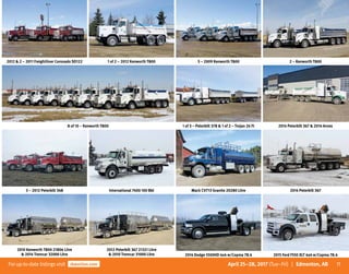 11Forup-to-date listingsvisit rbauction.com April 25–28, 2017 (Tue–Fri) | Edmonton, AB
2012  2 – 2011 Freightliner Coronado SD122 1 of 2 – 2012 Kenworth T800 3 – 2009 Kenworth T800 2 – Kenworth T800
8 of 10 – Kenworth T800 1 of 3 – Peterbilt 378  1 of 2 – Trojan 26 Ft 2014 Peterbilt 367  2014 Arnes
3 – 2012 Peterbilt 348 International 7400 100 Bbl Mack CV713 Granite 20280 Litre 2014 Peterbilt 367
2010 Kenworth T800 21806 Litre
 2014 Tremcar 32000 Litre
2012 Peterbilt 367 21321 Litre
 2010 Tremcar 31000 Litre 2014 Dodge 5500HD 4x4 w/Copma 78.4 2015 Ford F550 XLT 4x4 w/Copma 78.4
 
