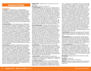 16 More itemsaddeddaily!Edmonton, AB | April 25–28, 2017 (Tue–Fri)
Equipmentlistings
Construction
33- PIPELAYERS:Case 850GCombination •Case 570MXTCombination •
2-Caterpillar 572R • 2-Caterpillar 571G Hydraulic•Caterpillar 561N •Caterpillar
561H •Caterpillar 561DCrawler • Caterpillar 561B • Caterpillar 561BCrawler •
Caterpillar D8N w/Midwestern M583CH Hydraulic•Caterpillar D8K•Caterpillar
D6D •Caterpillar D6D w/Midwestern M562 Hydraulic•Caterpillar D6C•Caterpillar
D4H LGPCombination • 2-Caterpillar D4HCombination •Caterpillar D4D LGP •
Caterpillar D3CCrawlerCombination • 2011 John Deere 650J LGP w/Midwestern
M520CHydraulicCombination • John Deere 650J LGP w/Midwestern M520C
HydraulicCombination • John Deere 550J LGP w/Midwestern M520CHydraulic
Combination • 4- John Deere 550J w/Midwestern M520CHydraulicCombination •
John Deere 550G LGPCombination • John Deere 450GCombination • John Deere
450CCombination • 2008 John Deere 410J • John Deere 410J w/Midwestern M10R
HydraulicCombination.
118- CRAWLERTRACTORS:Case 650K• 2008Caterpillar D11T • 2008Caterpillar
D10T • 2011Caterpillar D9T • 2- Caterpillar D9R •Caterpillar D8T LGP • 2009  2-
2008Caterpillar D8T • 2-Caterpillar D8T • 2- Caterpillar D8RSeries II • 4- Caterpil-
lar D8R •Caterpillar D8N • 2011Caterpillar D7R LGPSeries II • 3- Caterpillar D7R
LGPSeries II • 4-Caterpillar D7R XRSeries II •Caterpillar D7H LGP • 3-Caterpillar
D7H •Caterpillar D7G • 2- 2014, 2013, 4- 2012, 3- 2011, 2010  4- 2008Caterpillar
D6T LGP • 2- 2012  2011Caterpillar D6TXW •Caterpillar D6R XW • Caterpillar
D6R XLSeries II • 2-Caterpillar D6R XWSeries III • 2-Caterpillar D6R XWSeries II
• 3-Caterpillar D6R LGPSeries III • 5-Caterpillar D6R LGPSeries II • 4- 2011, 2009
 2- 2008Caterpillar D6N LGP • 8-Caterpillar D6N LGP • 2- Caterpillar D6M LGP •
Caterpillar D6H XL• 2-Caterpillar D6H LGP •Caterpillar D5H LGP •Caterpillar D5G
LGP • 2012Caterpillar D4KLGP • 2013 Caterpillar D3K2 LGP •Caterpillar D3G LGP
•Caterpillar D3 • 2014 John Deere 850KWLT • 2012 John Deere 850J WLT • 2008
John Deere 850J • John Deere 850J • 2012 John Deere 750J LGP • 3- John Deere 750J
LGP • John Deere 700H • John Deere 650J LGP • John Deere 650H LGP • John Deere
650G LGP • John Deere 450J LGP • 2- John Deere 450J • 2- 2009 Komatsu D155AX-6
• 2014  2- 2013 Komatsu D85PX-15EO • 2011 Komatsu D65PX-17 • 2- Komatsu
D65E-8 • Komatsu D65E • 2013 Komatsu D61PX-15EO • Komatsu D58P-1 • Komatsu
D41P-6 • Mitsubishi BD2G.
66- WHEEL LOADERS:Caterpillar 988G •Caterpillar 988FSeries II •Caterpillar
988B • 2011Caterpillar 980K• Caterpillar 980GSeries II •Caterpillar 966C• 2013
Caterpillar 962K• 2013 Caterpillar 950K•Caterpillar 950G •Caterpillar 950G
Series II •Caterpillar 950FSeries II • 2012Caterpillar 938K• 2009 Caterpillar
938H • 2013  Glidered - 2012Caterpillar 930K• Caterpillar 910 • 2015Caterpillar
903C- Low meter hours • 2-Caterpillar IT28G •Caterpillar IT24F • Fiatallis 645B
• Fiatallis FR15B • 3- 2014 Hyundai HL760-9A • 2010 Hyundai HL740TM-7A Inte-
gratedToolCarrier • 2011 JCB 436HT IntegratedToolCarrier • JCB 426HT Integrated
ToolCarrier • JCB 426 IntegratedToolCarrier • 2012 Jincheng JC938 • 2010 Jincheng
ZL50F • 2013  2009 John Deere 844K• 2011 John Deere 824K• John Deere 824J
• 2008 John Deere 624J • 2- 2012  2010 John Deere 544K• John Deere 544H •
2014 John Deere 524K• 2010 John Deere 444K• 2008 John Deere 304J • Kawasaki
95ZV • 2011 Kawasaki 80ZV-2 • Kawasaki 80Z • 2013 Komatsu WA500-7 • 2011 
2009 Komatsu WA500-6 • Komatsu WA500-3LK• Komatsu WA500-3 • Komatsu
WA500-1LE • 2008 Komatsu WA480-6 • Komatsu WA480-5L • Komatsu WA470-5H
• 2- Patrick• 2013 Qingdao ZL15F • 2014 Qingzhou ZL28F • Volvo LM845 • 2013
Volvo L220G • Volvo L150E • Volvo L70E • Volvo L70D • 2013 Wacker Neuson 750T
Telescopic- Low meter hours • 2010 XGMAXG918.
CRAWLER LOADERS: 2-Caterpillar 963CLGP • 3-Caterpillar 953C• John Deere
655CSeries II.
WHEEL DOZERS:Caterpillar 834B •Caterpillar 824C.
64- SKIDSTEER LOADERS: Bobcat 863 • Bobcat 773T • 2012 BobcatS770 2 spd
• 2011 BobcatS770 • 2014 Bobcat A770 2Spd High Flow • 2012 BobcatS750 • 2-
2014 BobcatS650 2Spd High Flow • 2013 BobcatS650 2Spd • 2013 BobcatS650
High Flow • 2012 BobcatS650 2Spd • 2014 BobcatS590 2Spd • Bobcat 463 •
2- 2010  2009 BobcatS330 2Spd • 2010 BobcatS250 2Spd • 2- 2008 Bobcat
S250 • BobcatS250 2Spd • 2- BobcatS250 • 2010 BobcatS205 • BobcatS205 •
2012, 2- 2011  2008 BobcatS70 • 2010Case 450Series III High Flow • 2008Case
440 •Case 430 • 2012CaseSR250 •Case 95XT • 2-Case 70XT • 2013Caterpillar
272D 2Spd • 2014Caterpillar 262D LRC2Spd • 2015Caterpillar 262D 2Spd • 2-
2014Caterpillar 262D • 2008Caterpillar 262C•Caterpillar 262B • 2012Caterpillar
252B3 2Spd •Caterpillar 246B •Caterpillar 246 •Caterpillar 236B • 2012
Caterpillar 226B3 • 2012  2010 John Deere 332D • 2008 John Deere 332 2Spd
• 2008 John Deere 328 2Spd • 2008 John Deere 325 • 2- 2014 John Deere 320E
2Spd - Low meter hours • 2013 John Deere 320D • 2013 John Deere 320D 2 Spd
• John Deere 270 2Spd • 2008 KomatsuSK1026-5N • 2011TerexTSV80 • 2- 2014
Wacker NeusonSW28 2Spd High Flow • 3- 2014 Wacker NeusonSW28 2Spd.
68- MULTITERRAIN LOADERS: 2- ASV RC100 • 2013 BobcatT870 2Spd • 2012
BobcatT870 • 2012 BobcatT650 • 2008 BobcatT250 • 2010 Bobcat MT55 • 2009
Bobcat MT52 • 2014CaseTV380 High Flow • 2012  2011CaseTR320 • 2012
CaseTR270 • 2014Caterpillar 299D XHP 2Spd • 2014Caterpillar 289D LRC•
2014Caterpillar 289D LRC2Spd • 2014 Caterpillar 289D 2Spd • 2013Caterpillar
289C2Series II • 2012Caterpillar 287CSeries II High Flow •Caterpillar 287B XPS
High Flow • 2013Caterpillar 279C2 2Spd • 3- 2013Caterpillar 279C2 • 2- 2012
Caterpillar 279C2 Spd • 2011Caterpillar 279C• 2010Caterpillar 279C2Spd •
2012Caterpillar 277C•Caterpillar 277B • 4- 2014Caterpillar 259D 2 Spd • 2013
Caterpillar 259B3 2Spd • 2012 Caterpillar 259B3 • 2012Caterpillar 259B3 2Spd
• 2011Caterpillar 226B3 • JCB 1110T • 2- 2014 John Deere 333E 2Spd • 2013 John
Deere 333DT 2 Spd • 2013 John Deere 333D • 2- 2013 John Deere 333D 2Spd •
2012 John Deere 333D • 2012  2011 John Deere 333D 2Spd • 2011 John Deere
333D 2Speed • 2009 John DeereCT332 • John DeereCT332 • 2012  2- 2011
John Deere 329D • 2013 John Deere 323D 2Spd • 2009 John DeereCT322 • New
HollandC185 • 2012TakeuchiTL230 • 2012TakeuchiTL10 2Spd High Flow • 2011
Terex PT100G • 2010Terex PT80 • 3- 2013  2010Terex PT30 • 2- 2015Toro Dingo
TX525 WalkBehind • 2- 2015 Wacker NeusonST45 2Spd - Low meter hours.
48- MOTOR GRADERS: 4-Caterpillar 16G •Caterpillar 163H • 2012Caterpillar
160M2 VHP Plus • 2009  2- 2008Caterpillar 160M •Caterpillar 160H VHP Plus •
2-Caterpillar 160H • 2012, 3- 2011  2008Caterpillar 14M VHP Plus • 3-Caterpillar
14H VHP •Caterpillar 14H • 2- 2009Caterpillar 140M VHP Plus •Caterpillar 140H
VHP • 2-Caterpillar 140H •Champion 740 •Champion 730A •Champion 730 •
ChampionC86CAWD • Fiatallis M65 • 2013 John Deere 872G • John Deere 872D
AWD • 2010  2009 John Deere 870G • 2008 John Deere 772D • 2- 2008 John
Deere 772D AWD • John Deere 772CHCustom 210 AWD • John Deere 770D • 2013
Komatsu GD655-5 • Komatsu GD650A • 2009 Volvo G990 • 2009 Volvo G976 AWD
• 2012  2010 Volvo G970 • 2010  2009 Volvo G960.
35- MOTORSCRAPERS: 2- Caterpillar 637ESeries II • 6-Caterpillar 637E •
Caterpillar 637D • 8-Caterpillar 631E • 2008 Caterpillar 627G • 4-Caterpillar 627G
• 4-Caterpillar 627E • 2-Caterpillar 627B • 3-Caterpillar 621G • 2- Caterpillar 621F
•Caterpillar 621E • 2008TerexTS14G.
161- HYDRAULICEXCAVATORS:CaseCX240 • 2- 2012  2011CaseCX135SR •
2008Caterpillar 365CL•Caterpillar 365CL• 2012, 2010  2- 2008 Caterpillar
345DL• 2-Caterpillar 345CLVG Long Reach •Caterpillar 345BL• 2- 2014  2012
Caterpillar 336EL• 3- 2008Caterpillar 330DL•Caterpillar 330DLLong Reach •
Caterpillar 330CL• 2012Caterpillar 329EL• 2015Caterpillar 326FL• 2-Caterpillar
325CL• 2-Caterpillar 325BL• 2012 Caterpillar 321D LCR • 2012Caterpillar 320EL•
2011Caterpillar 320DLRR • 2- Caterpillar 320CL• 2-Caterpillar 315CL•Caterpillar
314CLCR • 2012  2011 Hitachi ZX850LC-3 • 2011 Hitachi ZX850LC-3 VG • 2- 2011
Hitachi ZX450LC-3 • 2- Hitachi ZX450LC-3 VG • 3- Hitachi ZX450LC• 3- 2015 
2014 Hitachi ZX350LC-5N • 2- Hitachi ZX350LC-3 • Hitachi ZX350LC• 2- Hitachi
ZX330LC• 2009 Hitachi ZX270LC-3 • Hitachi ZX270LC-3 • Hitachi ZX270LC• 4- 2012
Hitachi ZX250LC-5N • 2011 Hitachi ZX240LC-3 • Hitachi ZX240LC-3 • 2012 Hitachi
ZX225USLC-3 • 2014 Hitachi ZX210LC-5N • 2012  4- 2011 Hitachi ZX200LC-3 •
Hitachi ZX200LC• 2008 Hitachi EX200LC• Hitachi EX200LC• Hitachi EX135UR •
Hitachi UH122 • 2- 2010  2009 John Deere 850D LC• John Deere 850D LC• John
Deere 850D LCVG • John Deere 790E • John Deere 650D LCVG • John Deere 600C
LC• 2014 John Deere 470G LC• 2008 John Deere 450D LCVG • 2011 John Deere
450D LCVG • 3- 2011 John Deere 450D LC• 2- 2009 John Deere 450D LCVG • 2-
2008 John Deere 450D LC• John Deere 450CLC• 2013 • 3- 2012  2011 John Deere
350G LC• 4- 2010, 2009  4- 2008 John Deere 350D LC• 3- John Deere 350D LC
• 2013, 2- 2012  2011 John Deere 290G LC• 2008 John Deere 270D LC• 2- 2008
John Deere 270D LC• John Deere 270D LC• John Deere 270CLC• 2014 • 2013 
4- 2012 John Deere 250G LC• 2011  2010 John Deere 240D LC• John Deere 240D
LC• John Deere 230 LC• 2013 John Deere 210G LC• John Deere 200D LC• 4- John
Deere 200CLC• John Deere 200 LC• John Deere 160 LC• 2010 John Deere 135D
• John Deere 135CLC• KobelcoSK330LC-6 • Kobelco SK290LC• 2014 Kobelco
SK260LC-9 • KobelcoSK250LC• KobelcoSK210LC• 2010  2008 Kobelco ED150
• KobelcoSK135SRLC• 2- 2008 Komatsu PC400LC-8 • 2- 2013  2012 Komatsu
PC360LC-10 • 2- 2011 Komatsu PC350LC-8 • 2011 Komatsu PC270LC-8 • 2013
Komatsu PC240LC-10 • Komatsu PC128US-2 • Liebherr R954 Long Reach • Link-Belt
2800 Quantum • 2008 Link-Belt 240XS.
10- MIDI EXCAVATORS: Caterpillar 307 • 2015Caterpillar 305E2CR • Hitachi ZX70
• 2008 John Deere 85D • 2012 John Deere 60D • Komatsu PC75UU-2 •Takeuchi
TB180FR • 2014 Wacker Neuson 8003 • 2- 2014 Wacker Neuson 6003 - Low meter
hours.
31- MINI EXCAVATORS: Bobcat 320 • 2012 Bobcat E50 •Caterpillar 303.5CCR •
Hitachi ZX40U • 2008 JCB 8018 • 2013 John Deere 50G • John Deere 35D • 2014
 2011 John Deere 27D • John Deere 27CZTS • John Deere • KobelcoSK005 Micro
• Komatsu PC30R-8 • Komatsu PC28UU-1 • Komatsu PC20-6 • Komatsu PC12UU-2
• Komatsu PC10-7 • Komatsu PC07-2 • Kubota KX121-3HGLS • Kubota KX41-2V •
Kubota KH026 • 2- 2010TakeuchiTB108 Micro Excavator • 4- 2012 Wacker Neuson
3503 • 2- 2014 Wacker Neuson EZ17 •Yanmar B50-2 •Yanmar B12-2.
55- ARTICULATED DUMPTRUCKS: 2012  5- 2011Caterpillar 740B 6x6 • 2- 2011
 2- 2008Caterpillar 740 6x6 •Caterpillar 740 Ejector • 4-Caterpillar 740 6x6
•Caterpillar 735 6x6 • 4- 2008Caterpillar 730EJ Ejector 6x6 • 2012  2- 2011
Caterpillar 730 6x6 • 2-Caterpillar 730 6x6 •Caterpillar D250ESeries II 6x6 • John
Deere 400D 6x6 • 2- John Deere 300D 6x6 • 2008 John Deere 250D 6x6 • 2- 2014
Komatsu HM400-3 6x6 • 2008 Komatsu HM400-2 6x6 • Komatsu HM400-2 6x6 •
Komatsu HM400-2 Galeo 6x6 • Komatsu HM400-1 6x6 • Komatsu HM300-2 6x6 •
2008TerexTA30 Generation 7 6x6 • 2-TerexTA30 6x6 • 2010 Volvo A40E • 2- 2010
Volvo A40E 6x6 • 2- Volvo A40D 6x6 • 2012  3- 2011 Volvo A30F 6x6 • Volvo A30D
6x6 • 2- Volvo A30D • 3- Volvo A25D 6x6.
WATER WAGONS: AB Manufacturing IncRS150 2550 Litre PullType •Caterpillar
613C5000 Gallon.
ROCKTRUCKS: 3-Caterpillar 773E.
CABLE PLOWS: Komatsu D85ACrawler • Komatsu D45P-1.
TRENCHERS: Barber-GreeneTA77 Ditcher • Ditch Witch JT8020 • Ditch Witch R7510
ComboTrencher/Cable Plow • Ditch Witch XT850ToolCarrier • VermeerV4750 •
Vermeer RT450.
 
