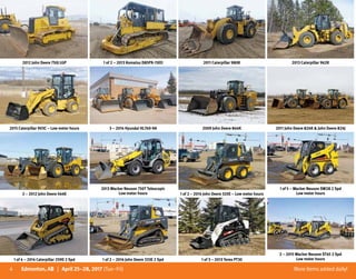 4 More itemsaddeddaily!Edmonton, AB | April 25–28, 2017 (Tue–Fri)
2012 John Deere 750J LGP 1 of 2 – 2013 Komatsu D85PX-15EO 2011 Caterpillar 980K 2013 Caterpillar 962K
2015 Caterpillar 903C – Low meter hours 3 – 2014 Hyundai HL760-9A 2009 John Deere 844K 2011 John Deere 824K  John Deere 824J
2 – 2012 John Deere 544K
2013 Wacker Neuson 750T Telescopic
Low meter hours 1 of 2 – 2014 John Deere 320E – Low meter hours
1 of 5 – Wacker Neuson SW28 2 Spd
Low meter hours
1 of 4 – 2014 Caterpillar 259D 2 Spd 1 of 2 – 2014 John Deere 333E 2 Spd 1 of 3 – 2013 Terex PT30
2 – 2015 Wacker Neuson ST45 2 Spd
Low meter hours
 