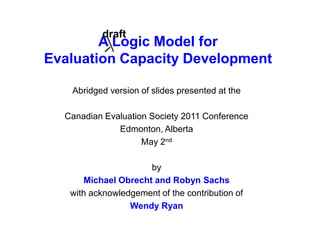draft A Logic Modelfor Evaluation Capacity Development  Abridged version of slides presented at the  Canadian Evaluation Society 2011 Conference   Edmonton, Alberta May 2nd by  Michael Obrecht and Robyn Sachs with acknowledgement of the contribution of  Wendy Ryan 