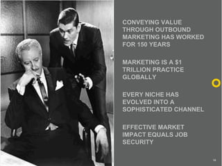 CONVEYING VALUE
THROUGH OUTBOUND
MARKETING HAS WORKED
FOR 150 YEARS

MARKETING IS A $1
TRILLION PRACTICE
GLOBALLY

EVERY N...