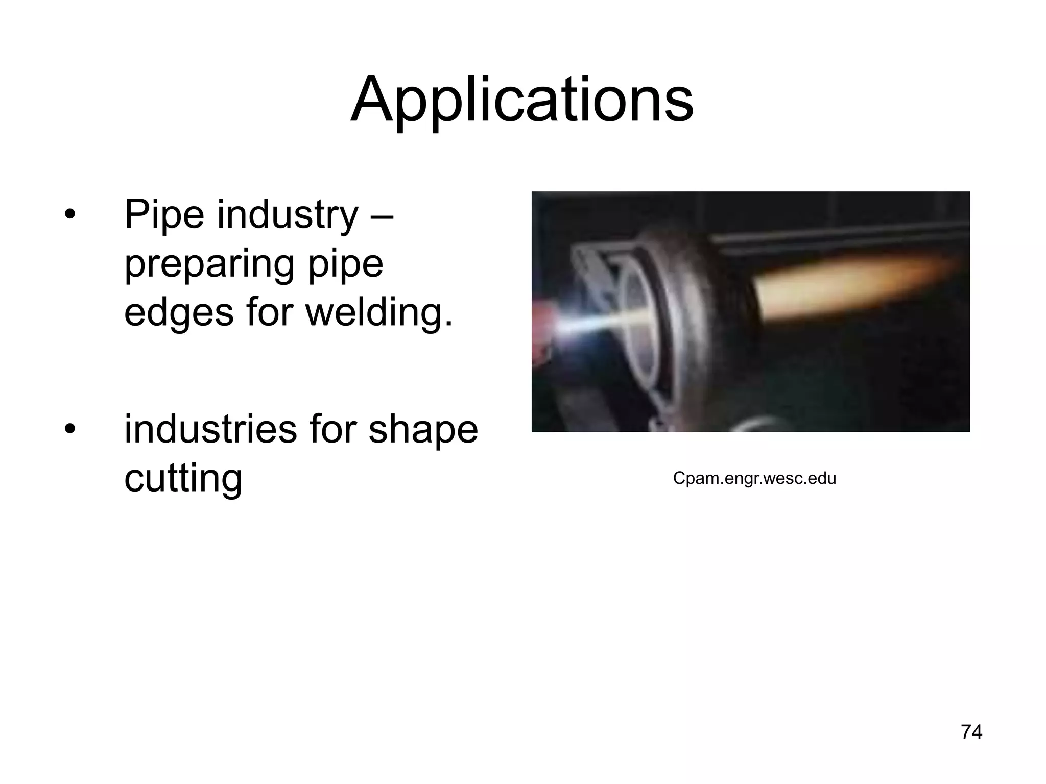 74
Applications
• Pipe industry –
preparing pipe
edges for welding.
• industries for shape
cutting Cpam.engr.wesc.edu
 