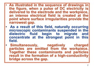 7
• As illustrated in the sequence of drawings in
the figure, when a pulse of DC electricity is
delivered to the electrode and the workpiece,
an intense electrical field is created at the
point where surface irregularities provide the
narrowest gap.
• As a result of this field, naturally occurring
microscopic contaminants suspended in the
dielectric fluid begin to migrate and
concentrate at the strongest point in this
field.
• Simultaneously, negatively charged
particles are emitted from the workpiece.
Together these contaminants and particles
result in the formation of a high-conductivity
bridge across the gap.
 