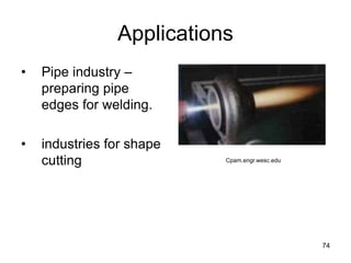 74
Applications
• Pipe industry –
preparing pipe
edges for welding.
• industries for shape
cutting Cpam.engr.wesc.edu
 