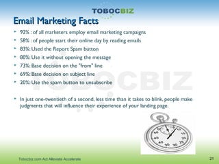 Email Marketing FactsEmail Marketing Facts
 92% : of all marketers employ email marketing campaigns
 58% : of people start their online day by reading emails
 83%: Used the Report Spam button
 80%: Use it without opening the message
 73%: Base decision on the "from" line
 69%: Base decision on subject line
 20%: Use the spam button to unsubscribe
 In just one-twentieth of a second, less time than it takes to blink, people make
judgments that will influence their experience of your landing page.
21Tobocbiz.com Act Alleviate Accelerate
 