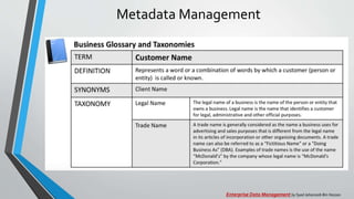 Metadata Management
Enterprise Data Management by Syed Jahanzaib Bin Hassan
 