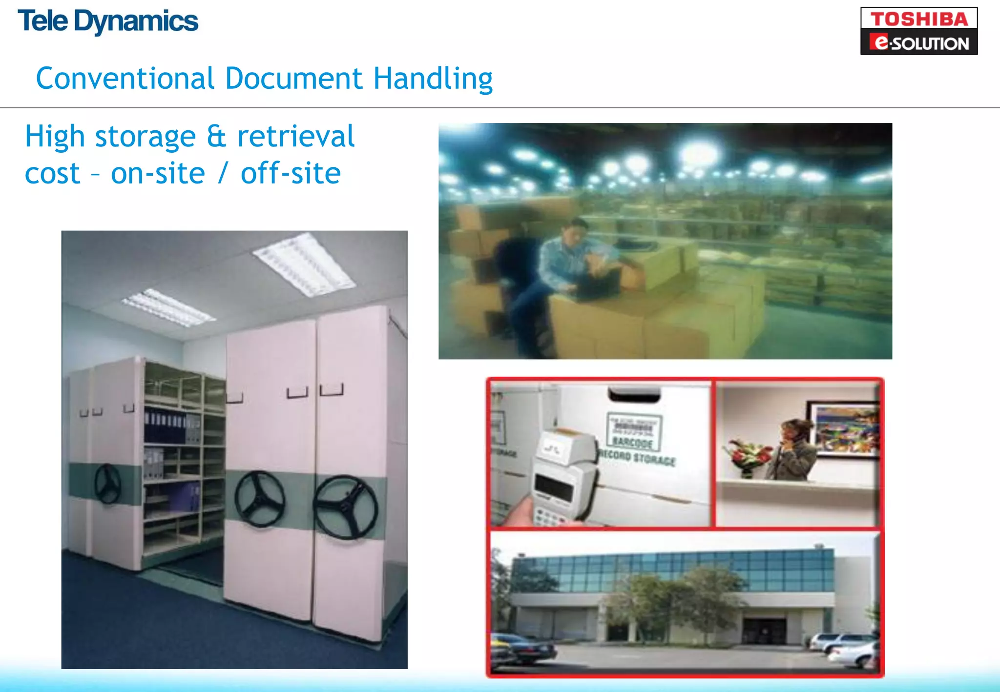 Conventional Document Handling
High storage & retrieval
cost – on-site / off-site
 