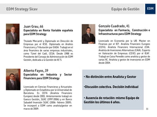 EDM Strategy Sicav                                                                  Equipo de Gestión



         Juan Grau, 66                                                  Gonzalo Cuadrado, 41
         Especialista en Renta Variable española                        Especialista en Farmacia, Construcción e
         para EDM Strategy                                              Infraestructuras para EDM Strategy

         Titulado Mercantil y Diplomado en Dirección de                 Licenciado en Economía por la UB. Master en
         Empresas por el IESE. Diplomado en Análisis                    Finanzas por el IEF. Analista Financiero Europeo
         Financicero y Tributación por EADA. Trabajó en el              (CEFA). Analista Financiero Internacional (CIIA.
         área financiera de varias empresas industriales,               Analista de Inversiones Alternativas (CAIA). Experto
         como Túnel del Cadí, CESA. Desde 1988 es                       en Valoración de Empresas (CEVE) por el IEAF.
         Presidente del Consejo de Administración de EDM                Trabajó en Caixa Penedès como analista y gestor de
         Gestión, dedicada a la Gestión de IIC’S                        varias IIC. Analista y gestor de inversiones en EDM
                                                                        desde 2004.


         Alberto Fayos, 39
         Especialista en Industria y Sector
         Financiero para EDM Strategy                        • No distinción entre Analista y Gestor

         Licenciado en Ciencias Financieras y Actuariales    •Discusión colectiva. Decisión individual
         y Diplomado en Estadística por la Universidad de
         Barcelona. Es CEFA (Analista Financiero
         Europeo) desde 2001. Anteriormente trabajó en
         Gaesco Gestión, SGIIC (1997-2006) y en Banco        • Ausencia de rotación: mismo Equipo de
         Sabadell Inversión SGIIC (2006- febrero 2009).      Gestión los últimos 6 años.
         Se incorporó a EDM como analista/gestor en
         marzo de 2009.                                                                                                 23
 