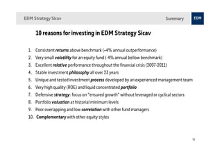 EDM Strategy Sicav                                                            Summary


      10 reasons for investing in EDM Strategy Sicav

  1. Consistent returns above benchmark (+4% annual outperformance)
  2. Very small volatility for an equity fund (-4% annual bellow benchmark)
  3. Excellent relative performance throughout the financial crisis (2007-2011)
  4. Stable investment philosophy all over 23 years
  5. Unique and tested investment process developed by an experienced management team
  6. Very high quality (ROE) and liquid concentrated portfolio
  7. Defensive strategy: focus on "ensured growth" without leveraged or cyclical sectors
  8. Portfolio valuation at historial minimum levels
  9. Poor overlapping and low correlation with other fund managers
  10. Complementary with other equity styles



                                                                                           32
 