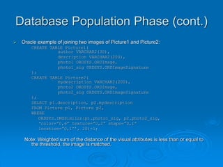 Database Population Phase (cont.)
 Oracle example of joining two images of Picture1 and Picture2:
CREATE TABLE Picture1(
author VARCHAR2(30),
description VARCHAR2(200),
photo1 ORDSYS.ORDImage,
photo1_sig ORDSYS.ORDImageSignature
);
CREATE TABLE Picture2(
mydescription VARCHAR2(200),
photo2 ORDSYS.ORDImage,
photo2_sig ORDSYS.ORDImageSignature
);
SELECT p1.description, p2.mydescription
FROM Picture p1, Picture p2,
WHERE
ORDSYS.IMGSimilar(p1.photo1_sig, p2.photo2_sig,
‘color=”0,6” texture=”0,2” shape=”0,1”
location=”0,1”’, 20)=1;
Note: Weighted sum of the distance of the visual attributes is less than or equal to
the threshold, the image is matched.
 