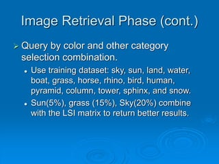 Image Retrieval Phase (cont.)
 Query by color and other category
selection combination.
 Use training dataset: sky, sun, land, water,
boat, grass, horse, rhino, bird, human,
pyramid, column, tower, sphinx, and snow.
 Sun(5%), grass (15%), Sky(20%) combine
with the LSI matrix to return better results.
 