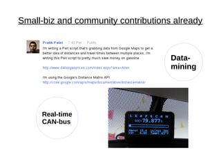 Small-biz and community contributions already



                                     Data-
                                     mining




     Real-time
     CAN-bus
 