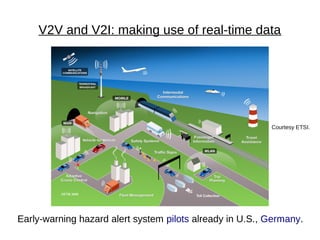 V2V and V2I: making use of real-time data




                                                          Courtesy ETSI.




Early-warning hazard alert system pilots already in U.S., Germany.
 