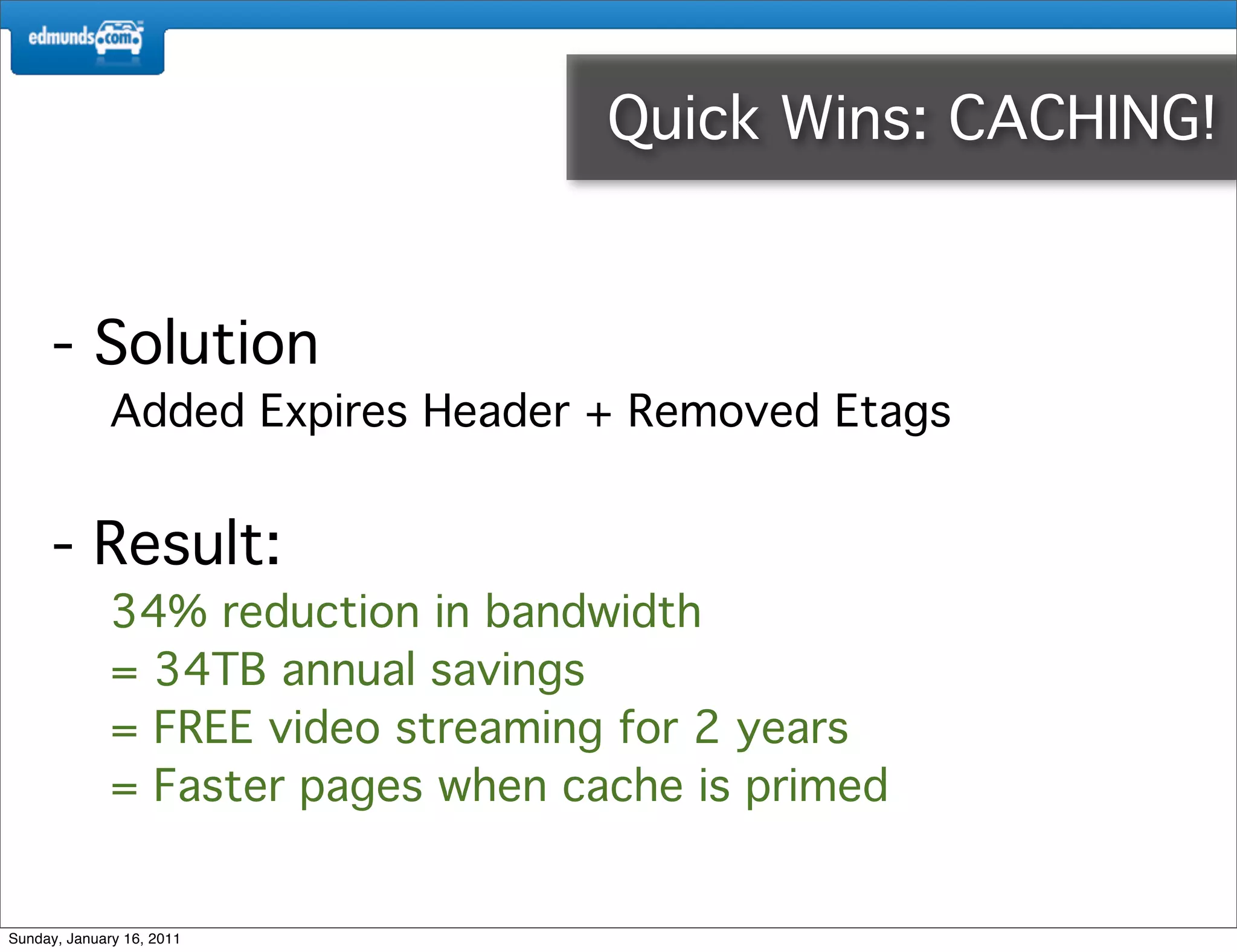 Quick Wins: CACHING!


      - Solution
              Added Expires Header + Removed Etags


      - Result:
              34% reduction in bandwidth
              = 34TB annual savings
              = FREE video streaming for 2 years
              = Faster pages when cache is primed


Sunday, January 16, 2011
 