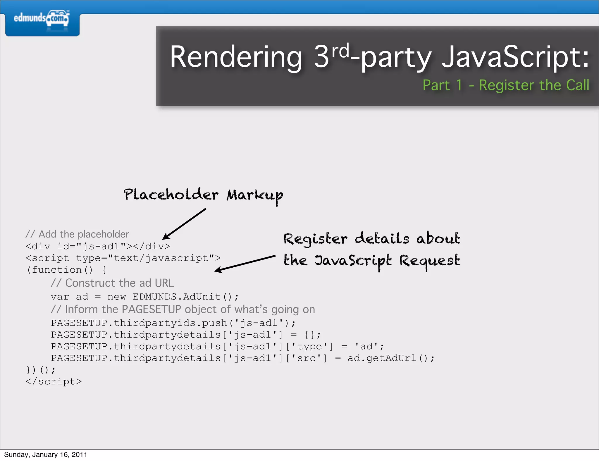 Rendering          3rd-party            JavaScript:
                                                                    Part 1 - Register the Call




                           Placeholder Markup

      // Add the placeholder
      <div id="js-ad1"></div>
                                              Register details about
      <script type="text/javascript">                the JavaScript Request
      (function() {
          // Construct the ad URL
          var ad = new EDMUNDS.AdUnit();
          // Inform the PAGESETUP object of what’s going on
          PAGESETUP.thirdpartyids.push('js-ad1');
          PAGESETUP.thirdpartydetails['js-ad1'] = {};
          PAGESETUP.thirdpartydetails['js-ad1']['type'] = 'ad';
          PAGESETUP.thirdpartydetails['js-ad1']['src'] = ad.getAdUrl();
      })();
      </script>




Sunday, January 16, 2011
 