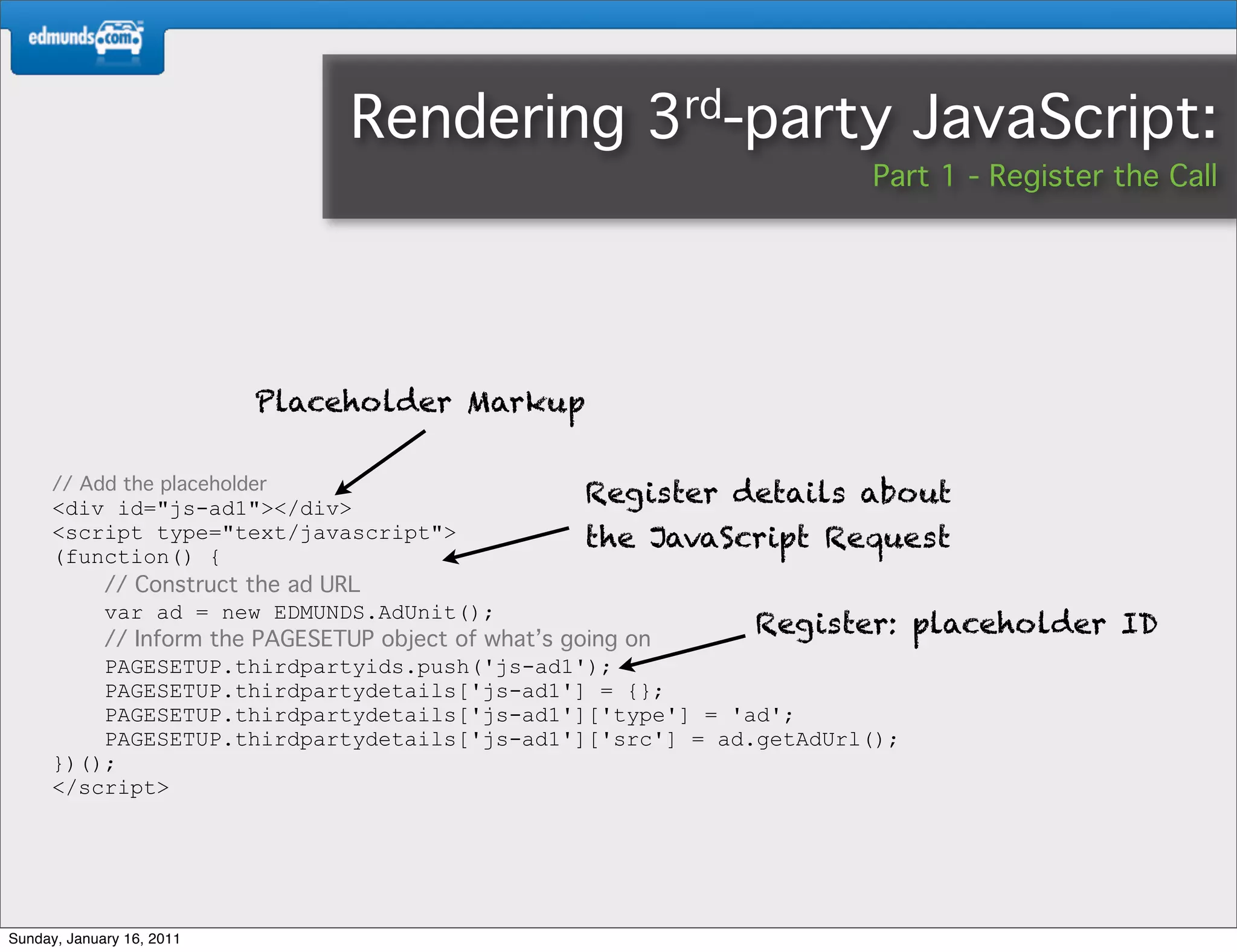 Rendering        3rd-party           JavaScript:
                                                                  Part 1 - Register the Call




                           Placeholder Markup

      // Add the placeholder
      <div id="js-ad1"></div>
                                             Register details about
      <script type="text/javascript">                the JavaScript Request
      (function() {
          // Construct the ad URL
          var ad = new EDMUNDS.AdUnit();
          // Inform the PAGESETUP object of what’s going on
                                                               Register: placeholder   ID
          PAGESETUP.thirdpartyids.push('js-ad1');
          PAGESETUP.thirdpartydetails['js-ad1'] = {};
          PAGESETUP.thirdpartydetails['js-ad1']['type'] = 'ad';
          PAGESETUP.thirdpartydetails['js-ad1']['src'] = ad.getAdUrl();
      })();
      </script>




Sunday, January 16, 2011
 