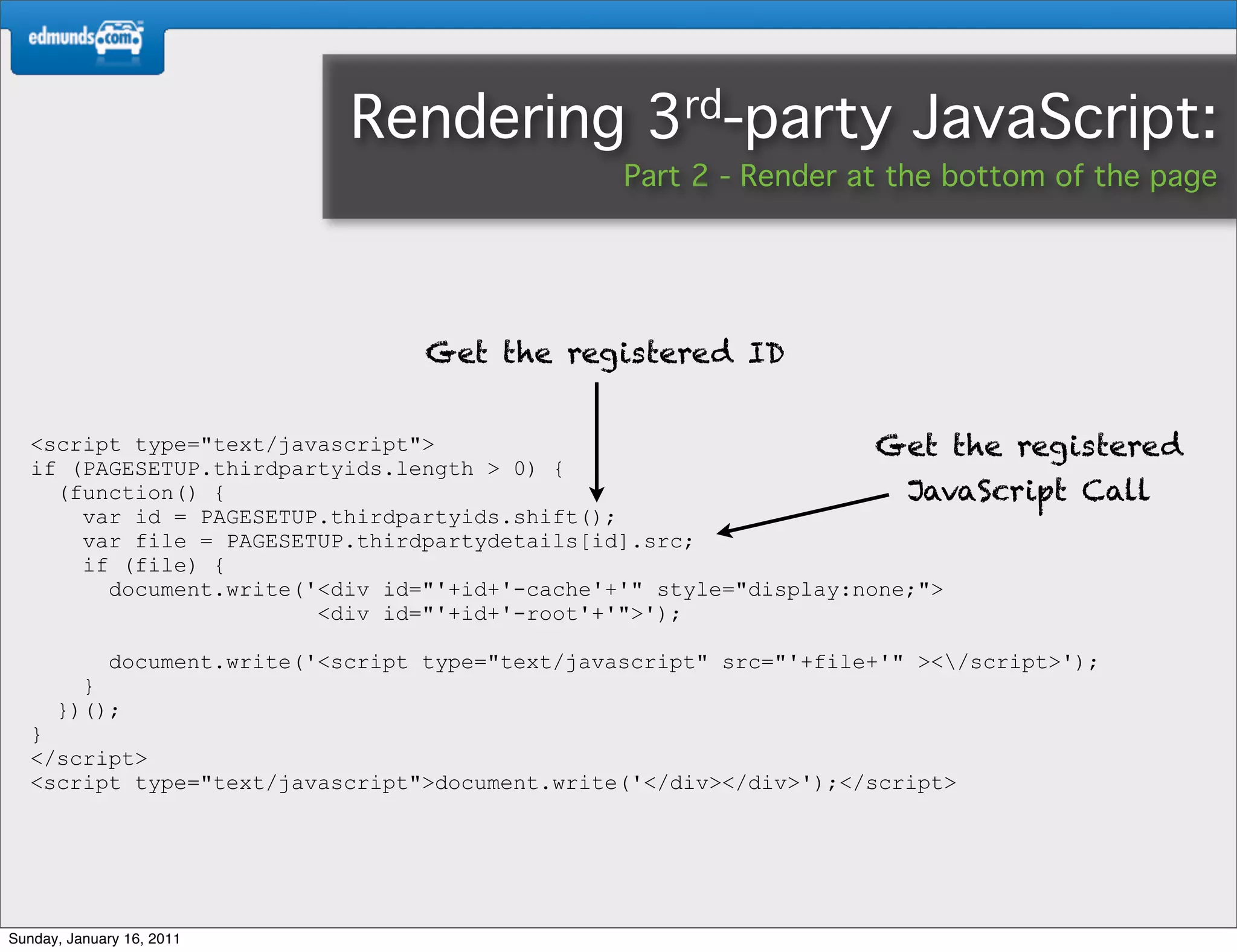 Rendering              3rd-party           JavaScript:
                                                    Part 2 - Render at the bottom of the page




                                     Get the registered ID


   <script type="text/javascript">                                  Get the registered
   if (PAGESETUP.thirdpartyids.length > 0) {
     (function() {                                                    JavaScript Call
       var id = PAGESETUP.thirdpartyids.shift();
       var file = PAGESETUP.thirdpartydetails[id].src;
       if (file) {
         document.write('<div id="'+id+'-cache'+'" style="display:none;">
                         <div id="'+id+'-root'+'">');

             document.write('<script type="text/javascript" src="'+file+'" ></script>');
        }
      })();
   }
   </script>
   <script type="text/javascript">document.write('</div></div>');</script>




Sunday, January 16, 2011
 
