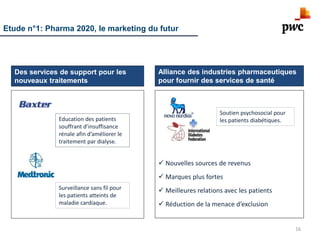 16
Alliance des industries pharmaceutiques
pour fournir des services de santé
 Nouvelles sources de revenus
 Marques plus fortes
 Meilleures relations avec les patients
 Réduction de la menace d’exclusion
Etude n°1: Pharma 2020, le marketing du futur
Des services de support pour les
nouveaux traitements
Education des patients
souffrant d’insuffisance
rénale afin d’améliorer le
traitement par dialyse.
Surveillance sans fil pour
les patients atteints de
maladie cardiaque.
Soutien psychosocial pour
les patients diabétiques.
 