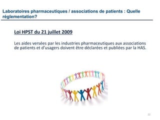 Loi HPST du 21 juillet 2009
Les aides versées par les industries pharmaceutiques aux associations
de patients et d’usagers doivent être déclarées et publiées par la HAS.
Laboratoires pharmaceutiques / associations de patients : Quelle
réglementation?
22
 