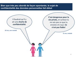 Bien que très peu abordé de façon spontanée, le sujet de
confidentialité des données personnelles fait débat
C'est dangereux pour la
vie privée, et surtout tu
ne sais pas ce que tu
envoies et à qui. Ce
n'est pas fiable!
Il faudrait qu’il y
ait une charte de
confidentialité.
21 ans, malade
62 ans, non malade
31
 