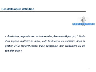 54
« Prestation proposée par un laboratoire pharmaceutique qui, à l’aide
d’un support matériel ou autre, aide l’utilisateur au quotidien dans la
gestion et la compréhension d’une pathologie, d’un traitement ou de
son bien-être. »
Résultats après définition
 