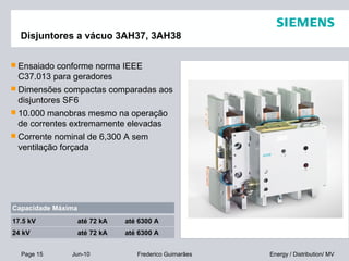 Page 15 Jun-10 Energy / Distribution/ MVFrederico Guimarães
Disjuntores a vácuo 3AH37, 3AH38
 Ensaiado conforme norma IEEE
C37.013 para geradores
 Dimensões compactas comparadas aos
disjuntores SF6
 10.000 manobras mesmo na operação
de correntes extremamente elevadas
 Corrente nominal de 6,300 A sem
ventilação forçada
17.5 kV até 72 kA até 6300 A
Capacidade Máxima
24 kV até 72 kA até 6300 A
 