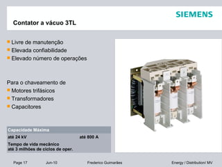 Page 17 Jun-10 Energy / Distribution/ MVFrederico Guimarães
Contator a vácuo 3TL
 Livre de manutenção
 Elevada confiabilidade
 Elevado número de operações
Para o chaveamento de
 Motores trifásicos
 Transformadores
 Capacitores
Capacidade Máxima
até 24 kV até 800 A
Tempo de vida mecânico
até 3 milhões de ciclos de oper.
 