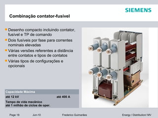 Page 18 Jun-10 Energy / Distribution/ MVFrederico Guimarães
Combinação contator-fusível
 Desenho compacto incluindo contator,
fusível e TP de comando
 Dois fusíveis por fase para correntes
nominais elevadas
 Várias versões referentes a distância
entre contatos e tipos de contatos
 Várias tipos de configurações e
opcionais
Capacidade Máxima
até 12 kV até 400 A
Tempo de vida mecânico
até 1 milhão de ciclos de oper.
 