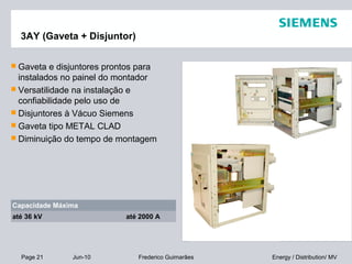 Page 21 Jun-10 Energy / Distribution/ MVFrederico Guimarães
3AY (Gaveta + Disjuntor)
 Gaveta e disjuntores prontos para
instalados no painel do montador
 Versatilidade na instalação e
confiabilidade pelo uso de
 Disjuntores à Vácuo Siemens
 Gaveta tipo METAL CLAD
 Diminuição do tempo de montagem
Capacidade Máxima
até 36 kV até 2000 A
 