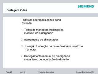 Page 25 Jun-10 Energy / Distribution/ MVFrederico Guimarães
Protegem Vidas
Todas as operações com a porta
fechada
1. Todas as manobras incluindo as
manuais de emergência
2. Aterramento do alimentador
3. Inserção / extração do carro do equipamento de
manobra.
4. Carregamento manual de emergência
mecanismo de operação do disjuntor.
 