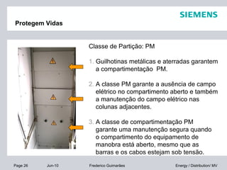 Page 26 Jun-10 Energy / Distribution/ MVFrederico Guimarães
Classe de Partição: PM
1. Guilhotinas metálicas e aterradas garantem
a compartimentação PM.
2. A classe PM garante a ausência de campo
elétrico no compartimento aberto e também
a manutenção do campo elétrico nas
colunas adjacentes.
3. A classe de compartimentação PM
garante uma manutenção segura quando
o compartimento do equipamento de
manobra está aberto, mesmo que as
barras e os cabos estejam sob tensão.
Protegem Vidas
 