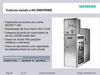 Page 29 Jun-10 Energy / Distribution/ MVFrederico Guimarães
Cubículo isolado a AR SIMOPRIME
 Totalmente em acordo com norma
IEC62271-200
 Classificação de Arco Interno IAC A FLR
 Categoria de perda de continuidade de
serviço LSC2B (metal clad)
 Classe de divisão PM (partições
metálicas e aterradas)
 Chave de aterramento com capacidade
de estabelecimento de curto circuito
Capacidade máxima
7.2 até 17.5 kV até 40 kA 1s até 3150 A
 
