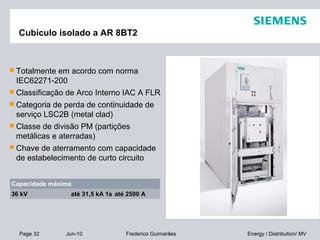Page 32 Jun-10 Energy / Distribution/ MVFrederico Guimarães
Cubículo isolado a AR 8BT2
Capacidade máxima
36 kV até 31,5 kA 1s até 2500 A
 Totalmente em acordo com norma
IEC62271-200
 Classificação de Arco Interno IAC A FLR
 Categoria de perda de continuidade de
serviço LSC2B (metal clad)
 Classe de divisão PM (partições
metálicas e aterradas)
 Chave de aterramento com capacidade
de estabelecimento de curto circuito
 