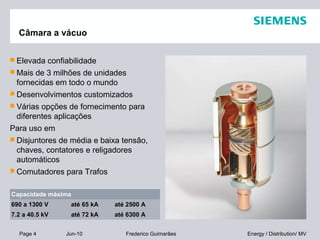 Page 4 Jun-10 Energy / Distribution/ MVFrederico Guimarães
Câmara a vácuo
 Elevada confiabilidade
 Mais de 3 milhões de unidades
fornecidas em todo o mundo
 Desenvolvimentos customizados
 Várias opções de fornecimento para
diferentes aplicações
Para uso em
 Disjuntores de média e baixa tensão,
chaves, contatores e religadores
automáticos
 Comutadores para Trafos
Capacidade máxima
690 a 1300 V até 65 kA até 2500 A
7.2 a 40.5 kV até 72 kA até 6300 A
 