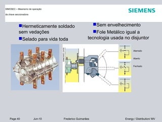 Page 40 Jun-10 Energy / Distribution/ MVFrederico Guimarães
Hermeticamente soldado
sem vedações
Selado para vida toda
Sem envelhecimento
Fole Metálico igual a
tecnologia usada no disjuntor
Aterrado
Aberto
Fechado
SIMOSEC – Meanismo de operação
da chave seccionadora
 
