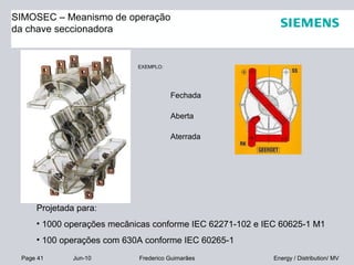 Page 41 Jun-10 Energy / Distribution/ MVFrederico Guimarães
SIMOSEC – Meanismo de operação
da chave seccionadora
EXEMPLO:
Fechada
Aberta
Aterrada
Projetada para:
• 1000 operações mecânicas conforme IEC 62271-102 e IEC 60625-1 M1
• 100 operações com 630A conforme IEC 60265-1
 
