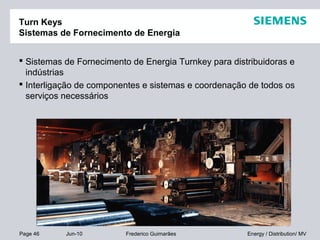 Page 46 Jun-10 Energy / Distribution/ MVFrederico Guimarães
Turn Keys
Sistemas de Fornecimento de Energia
 Sistemas de Fornecimento de Energia Turnkey para distribuidoras e
indústrias
 Interligação de componentes e sistemas e coordenação de todos os
serviços necessários
 