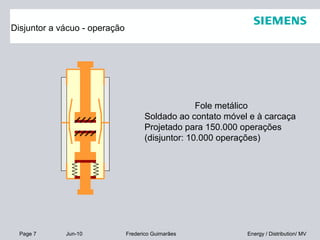 Page 7 Jun-10 Energy / Distribution/ MVFrederico Guimarães
Disjuntor a vácuo - operação
Fole metálico
Soldado ao contato móvel e à carcaça
Projetado para 150.000 operações
(disjuntor: 10.000 operações)
 
