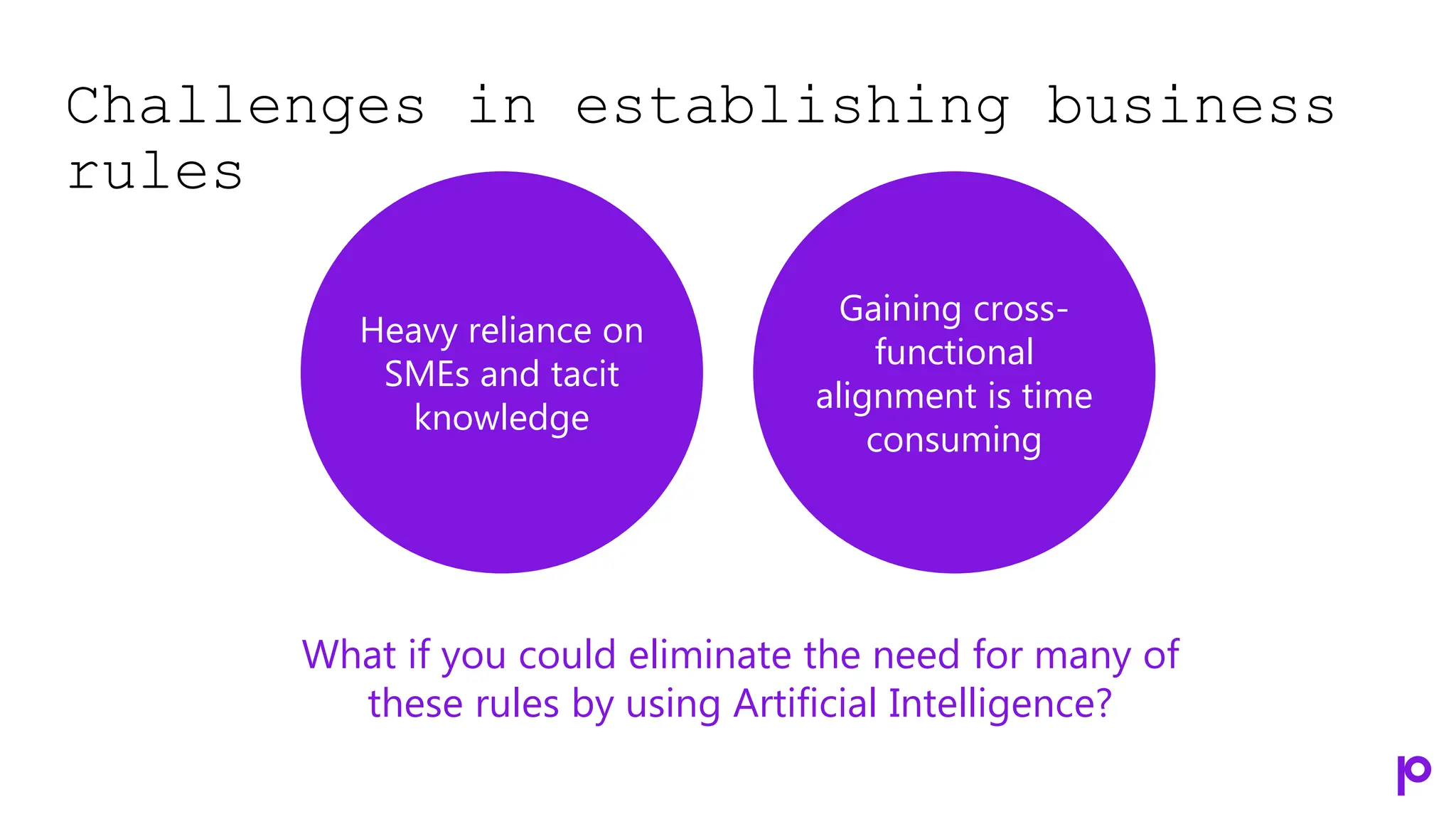 Challenges in establishing business
rules
Heavy reliance on
SMEs and tacit
knowledge
Gaining cross-
functional
alignment is time
consuming
What if you could eliminate the need for many of
these rules by using Artificial Intelligence?
 