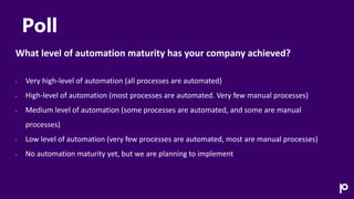 Poll
What level of automation maturity has your company achieved?
• Very high-level of automation (all processes are automated)
• High-level of automation (most processes are automated. Very few manual processes)
• Medium level of automation (some processes are automated, and some are manual
processes)
• Low level of automation (very few processes are automated, most are manual processes)
• No automation maturity yet, but we are planning to implement
 